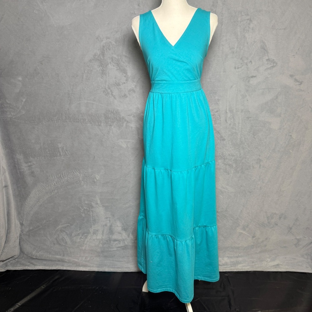 Midnight Velvet Size S Turquoise Blue Tiered Maxi Dress Boho Sleeveless Cotton